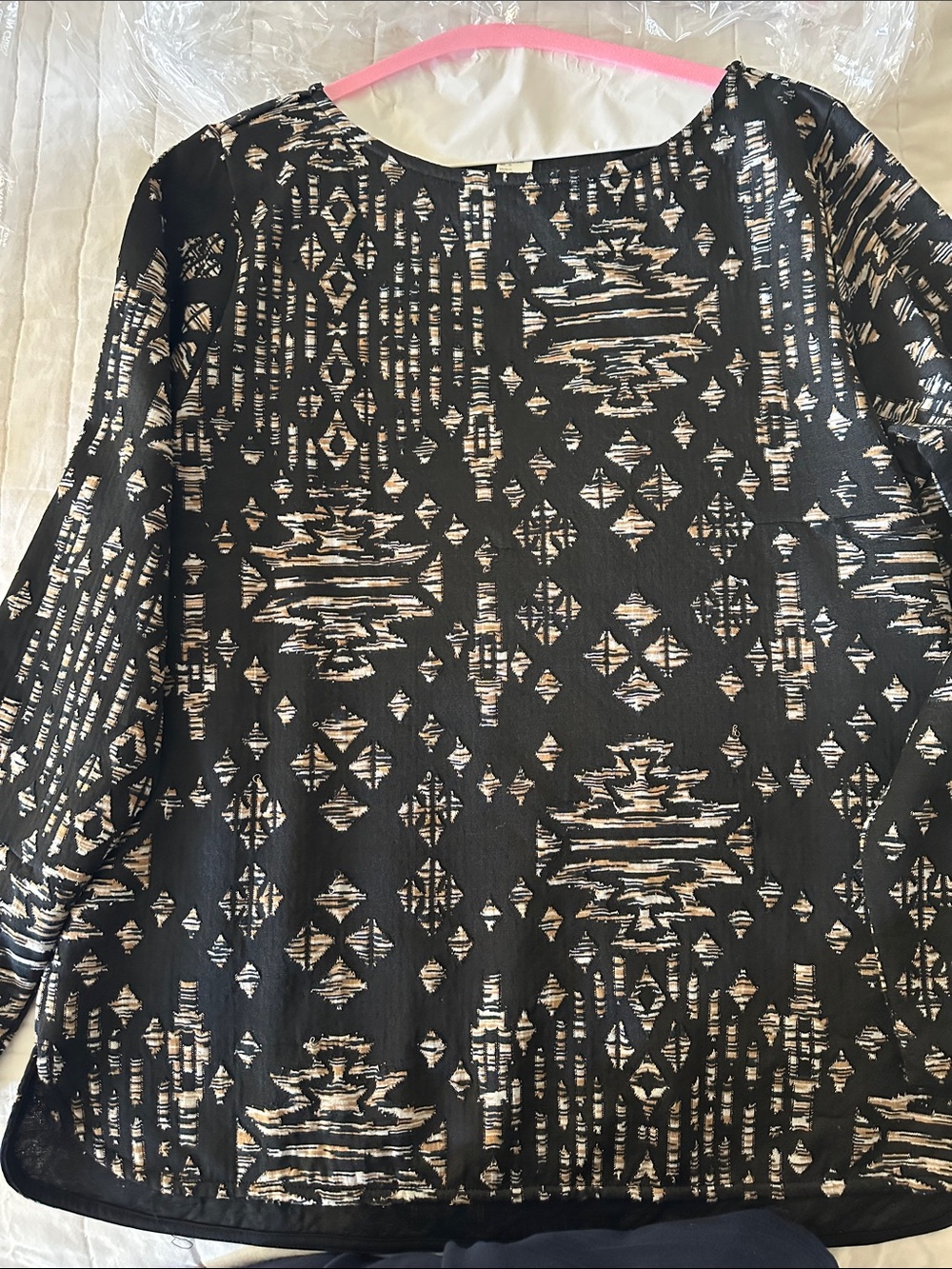 H&M Black Top with Cream and Gold Geometric Pattern, dry cleaned ready for use!